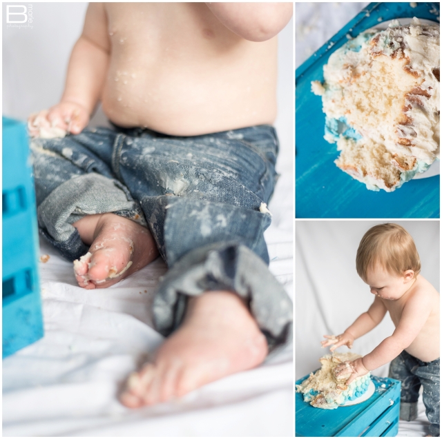 Nacogdoches photographer cake smash session with toddler boy and ombre blue scalloped cake