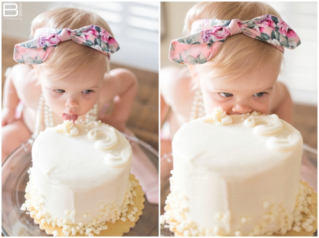 Houston cake smash photographer with floral outfits and pearls