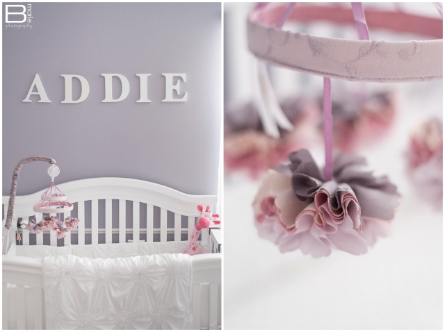 Newborn portraits of baby girl in feminine colors with in-home family portraits